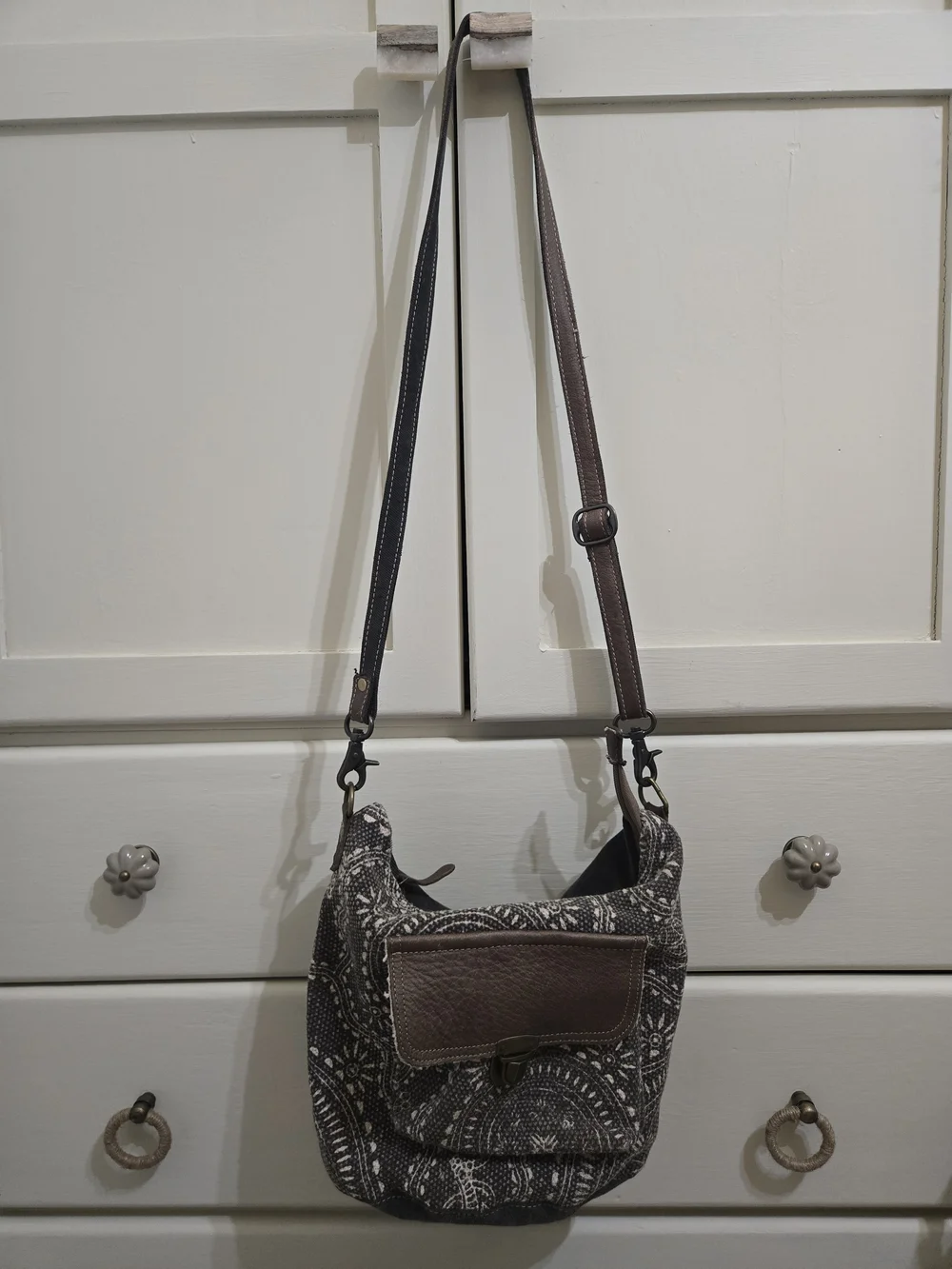 Myra Bag: Charcoal & Brown Patterned Canvas Crossbody Bag with Leather Flap